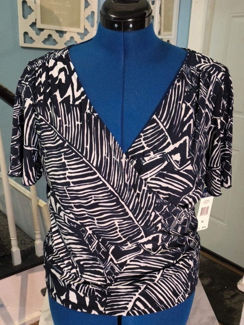 Chaps Navy and White Faux-Wrap Blouse